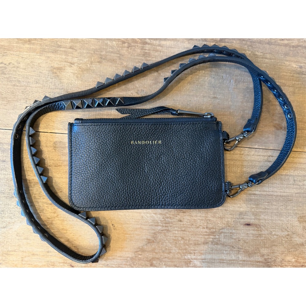 Bandolier Black Pebbled Leather Pouch Studded Crossbody Strap Gunmetal Hardware